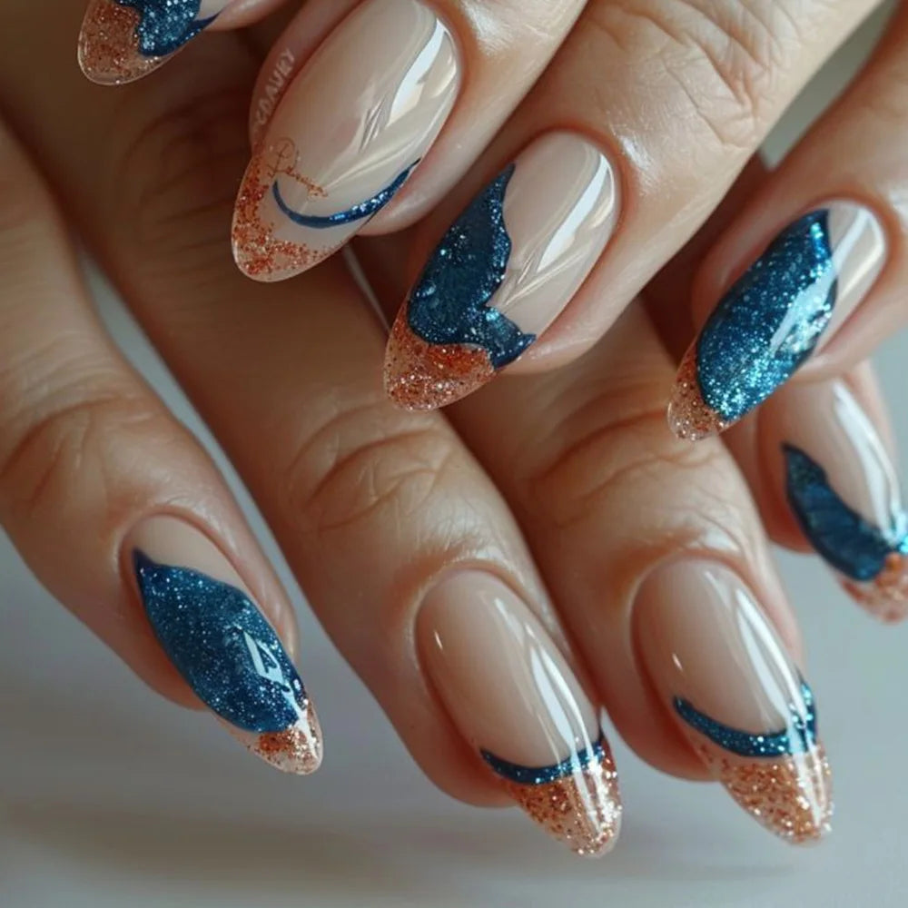 24-Piece Almond-Shaped French Press-On Nails with 3D Irregular Star Pattern – Manicure Essentials