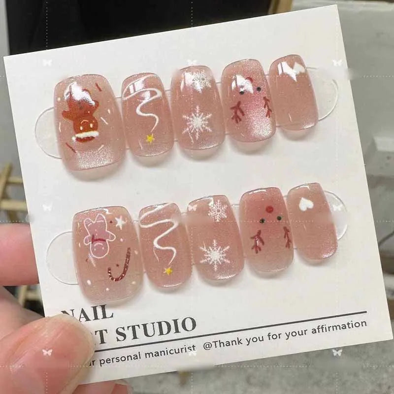 10-Piece Set of Women's Handmade Cat Eye Press-On Nails Featuring Christmas Snowflake and Deer Designs, Short Style, Detachable Nail Patches