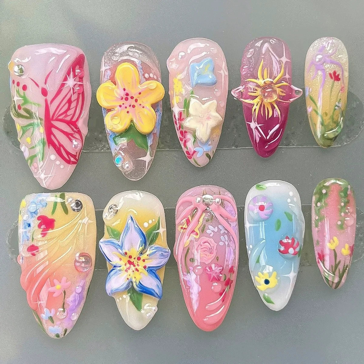 24-Piece Pink Almond Press-On Nails with Floral and Pearl Accents - Colorful Summer Collection for Women