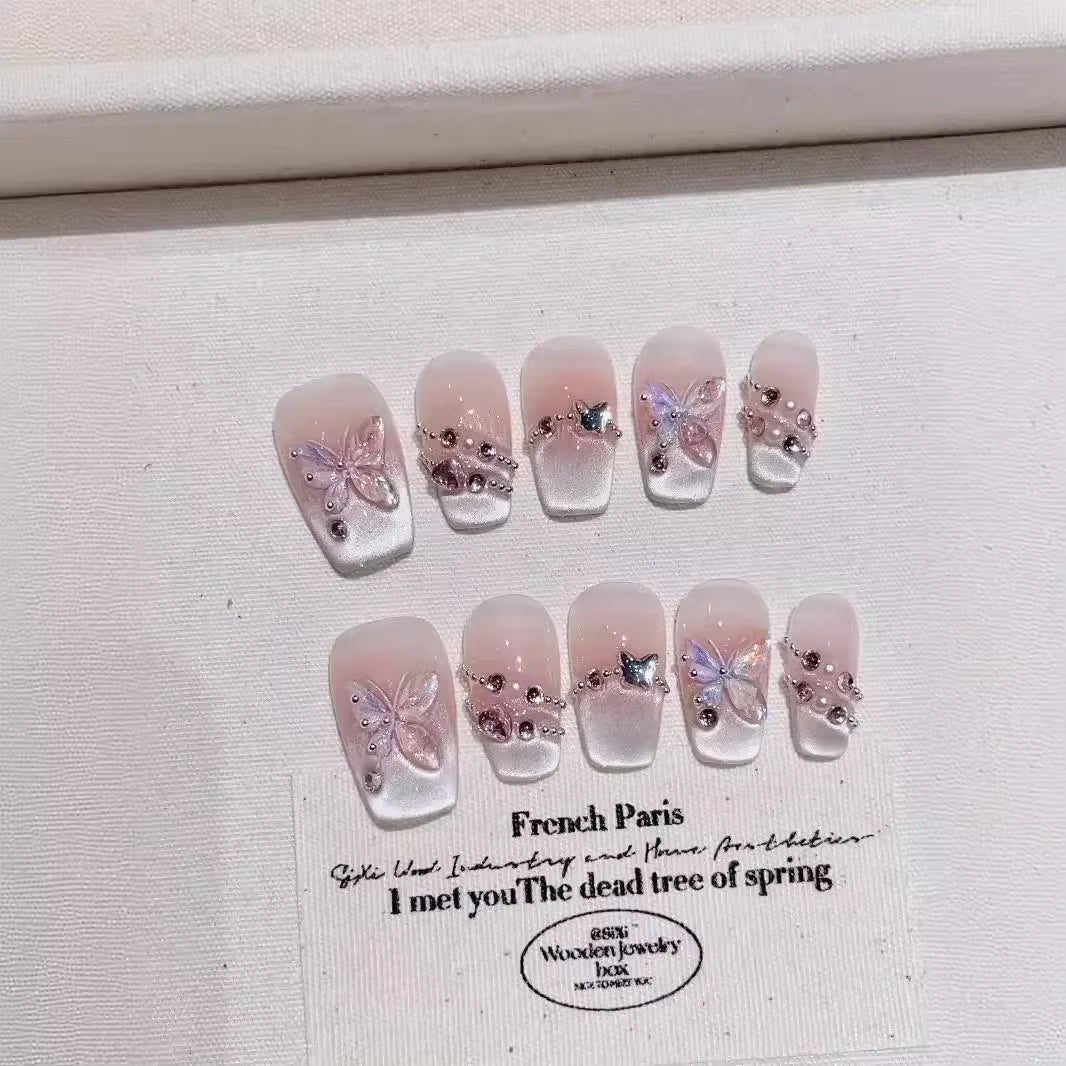 10-Piece Set of Handmade French Ballerina Press-On Nails with Pink Cat Eye Finish - Full Cover Stick-On False Nails
