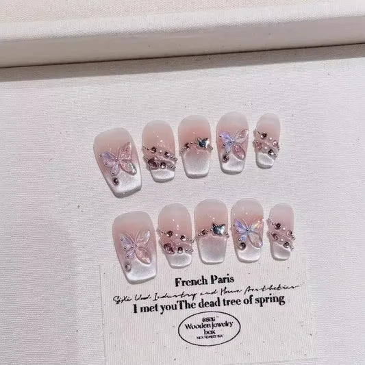 10-Piece Set of Handmade French Ballerina Press-On Nails with Pink Cat Eye Finish - Full Cover Stick-On False Nails