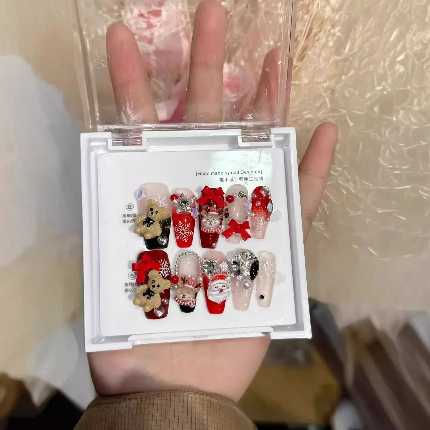 Handmade Press-On Nails Featuring Festive Christmas Elements: Cute Bear, Bow, and Elk Designs for a Removable and Reusable Holiday Look
