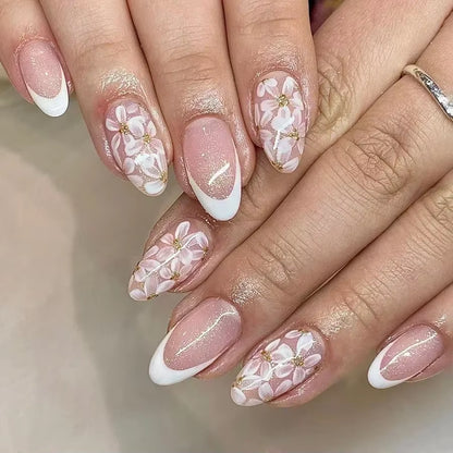 24-Piece Pink Almond Press-On Nails with Floral and Pearl Accents - Colorful Summer Collection for Women