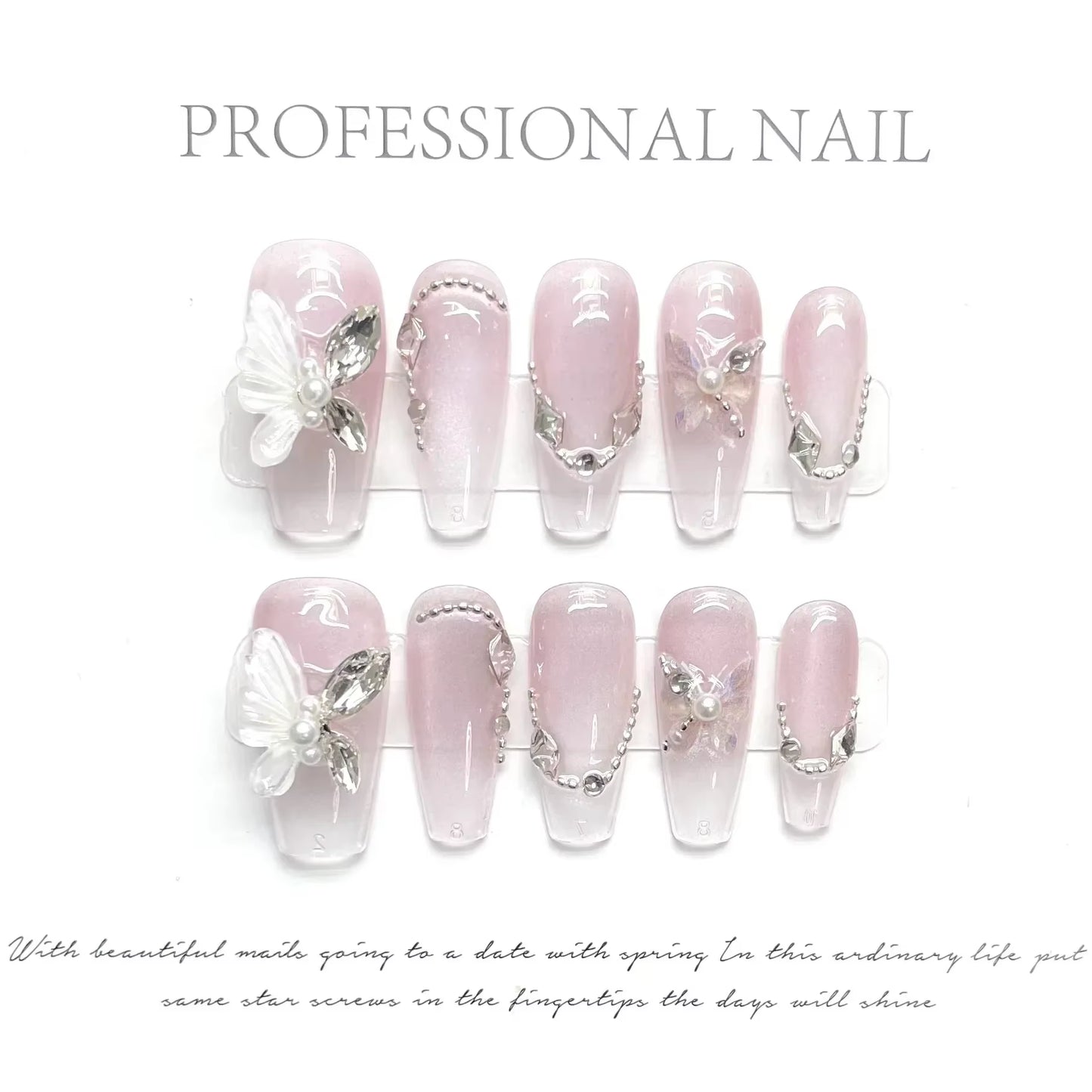 10-Piece Set of Handmade French Ballerina Press-On Nails with Pink Cat Eye Finish - Full Cover Stick-On False Nails