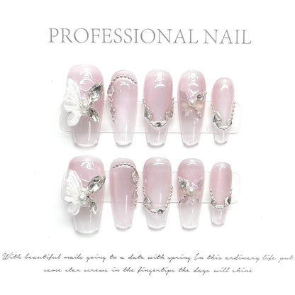 10-Piece Set of Handmade French Ballerina Press-On Nails with Pink Cat Eye Finish - Full Cover Stick-On False Nails