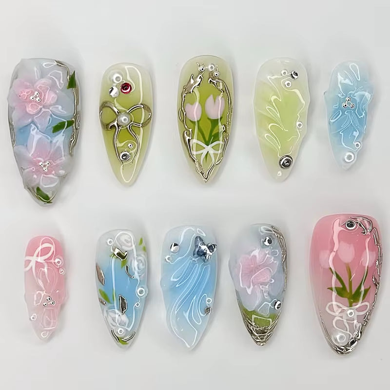 24-Piece Pink Almond Press-On Nails with Floral and Pearl Accents - Colorful Summer Collection for Women