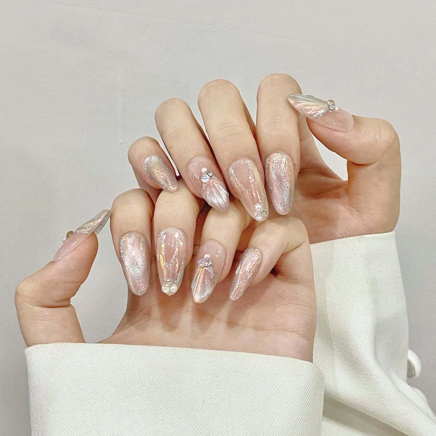 Handcrafted Blue Aurora Mermaid Press-On Nails - Detachable French Pearl Almond Nail Tips, Set of 10