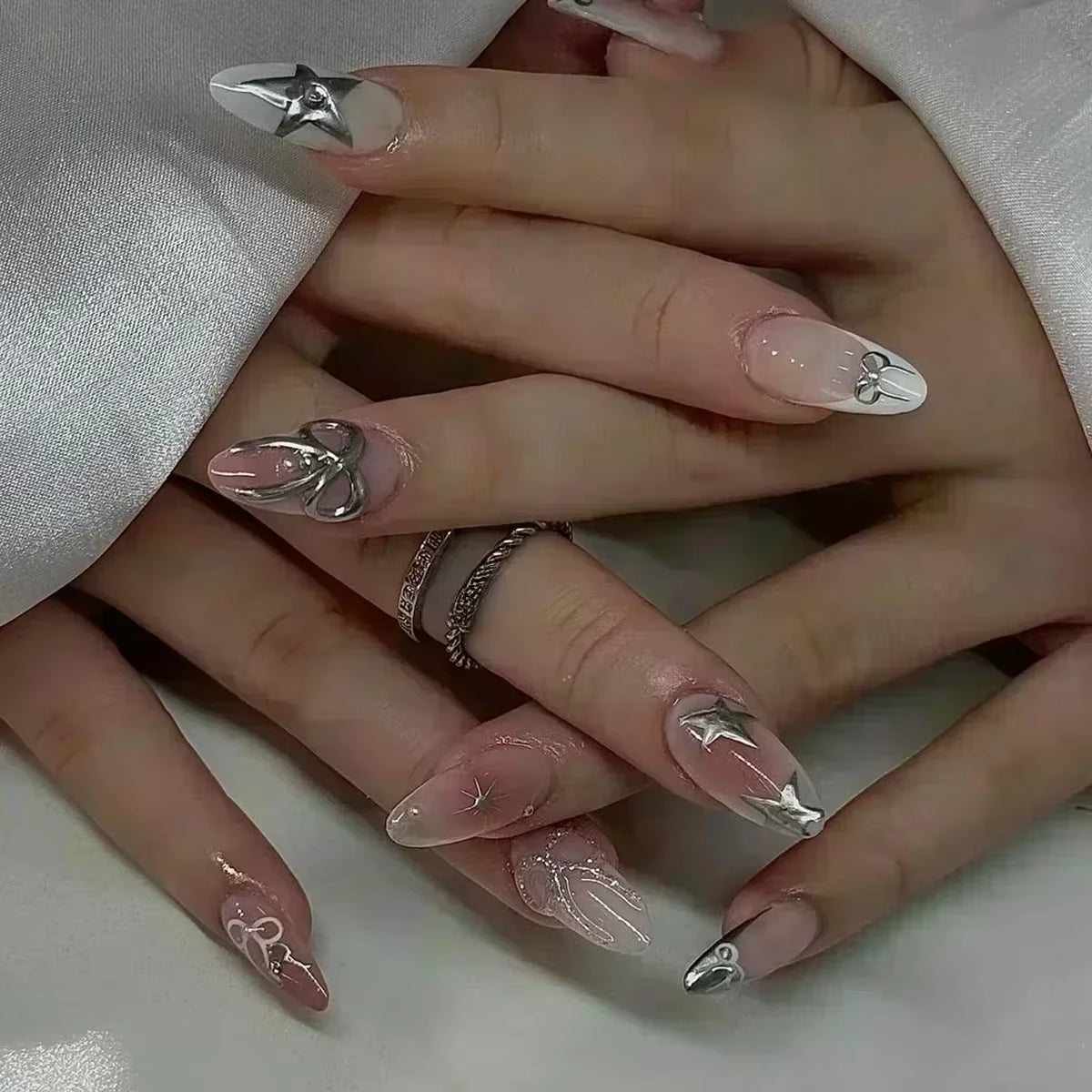 24-Piece Pink Almond Press-On Nails with Floral and Pearl Accents - Colorful Summer Collection for Women