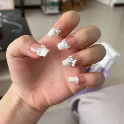 Luxury Handmade Press-On Nails Set - 10 Pcs Nude French Full Cover with Pearl and Diamond Design for Women and Girls