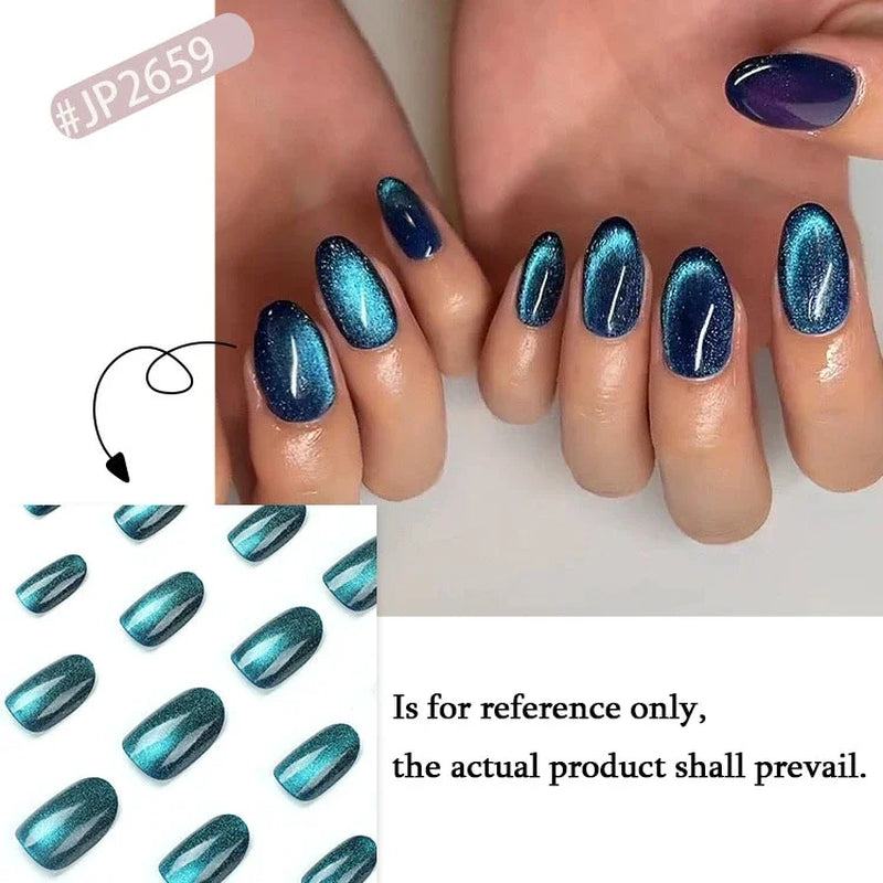Blue Gradient Cat Eye Press-On Nails with Glitter Finish - Detachable Solid Color Fashionable False Nails with Adhesive
