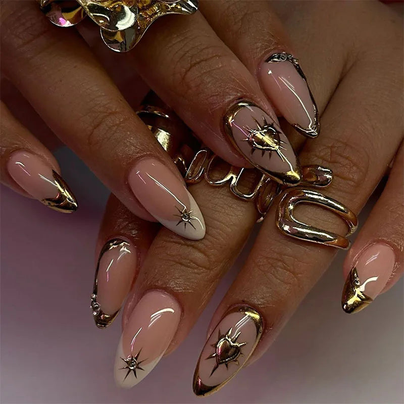 24-Piece Almond-Shaped French Press-On Nails with 3D Irregular Star Pattern – Manicure Essentials