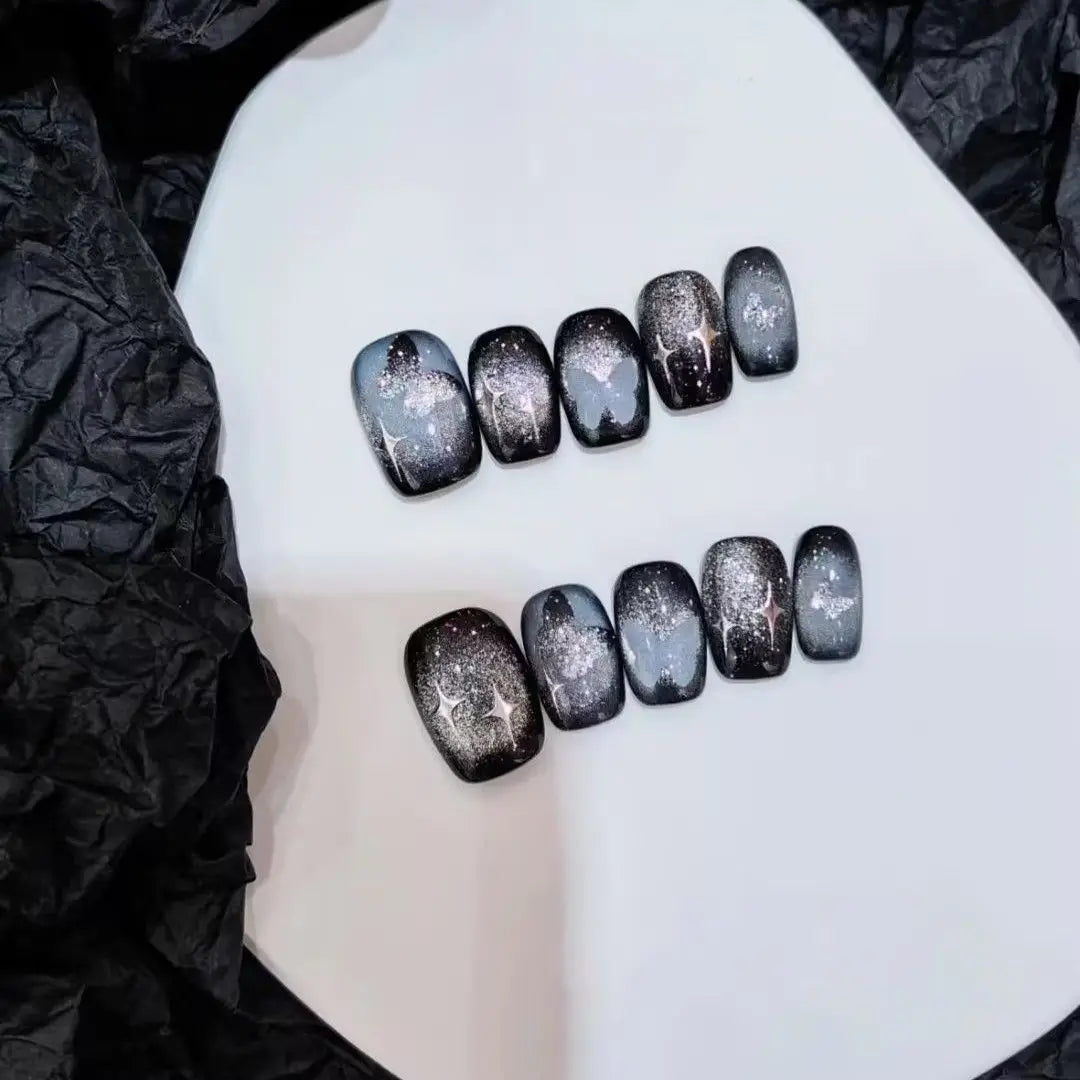High-End Handmade Cat Eye Press-On Nails Set for Women - 10 Pieces, Short Style with Nail Art Stickers