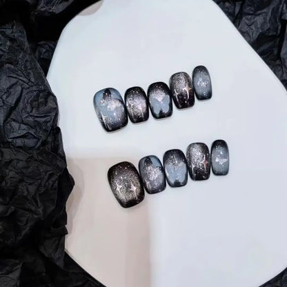 High-End Handmade Cat Eye Press-On Nails Set for Women - 10 Pieces, Short Style with Nail Art Stickers