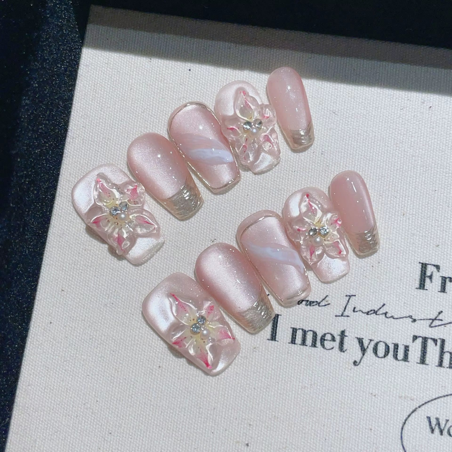 10-Piece Handmade Cat Eye Press-On Nails with Gradient Design - Full Cover French Ballerina Artificial Nail Tips