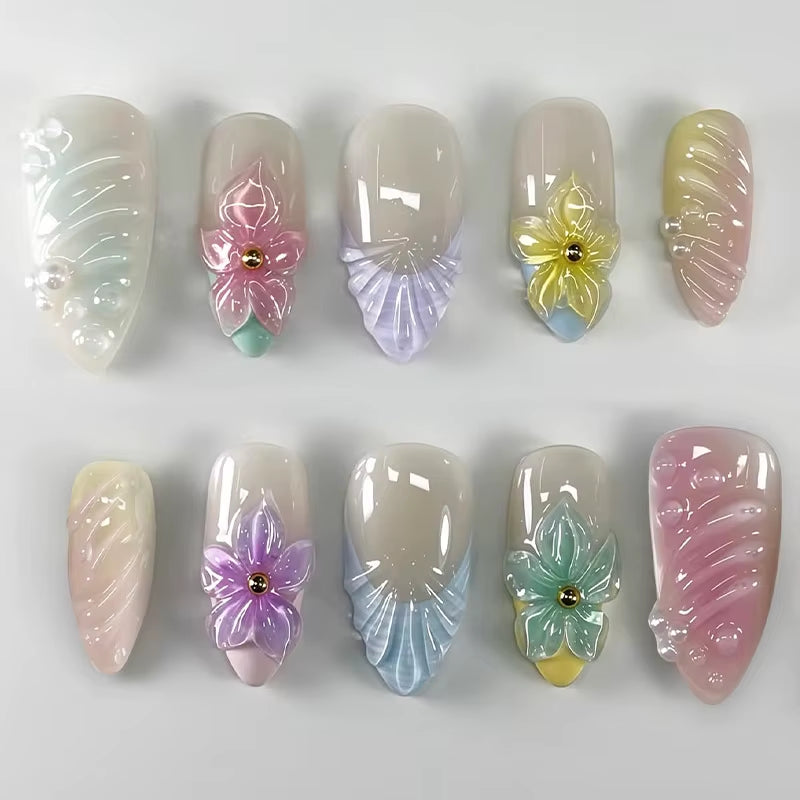 24-Piece Pink Almond Press-On Nails with Floral and Pearl Accents - Colorful Summer Collection for Women