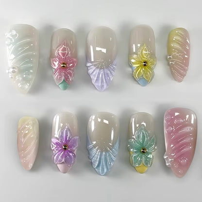 24-Piece Pink Almond Press-On Nails with Floral and Pearl Accents - Colorful Summer Collection for Women