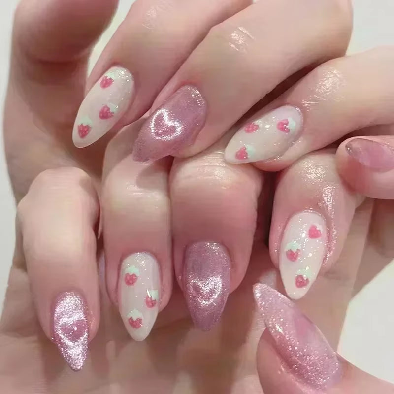 24-Piece Pink Almond Press-On Nails with Floral and Pearl Accents - Colorful Summer Collection for Women