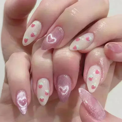 24-Piece Pink Almond Press-On Nails with Floral and Pearl Accents - Colorful Summer Collection for Women