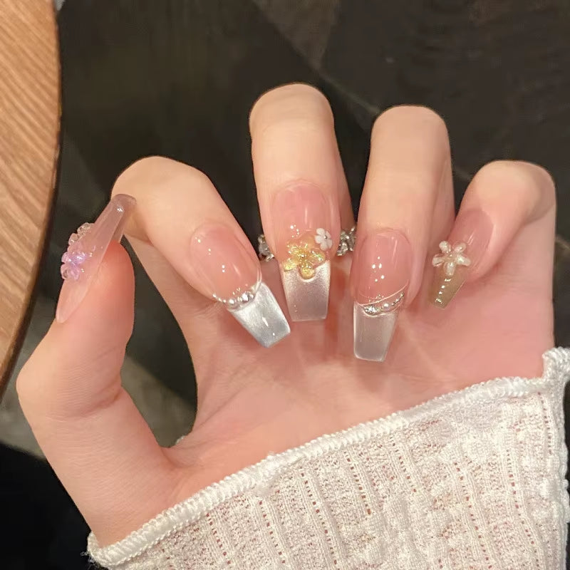 10-Piece Set of Handmade French Ballerina Press-On Nails with Pink Cat Eye Finish - Full Cover Stick-On False Nails