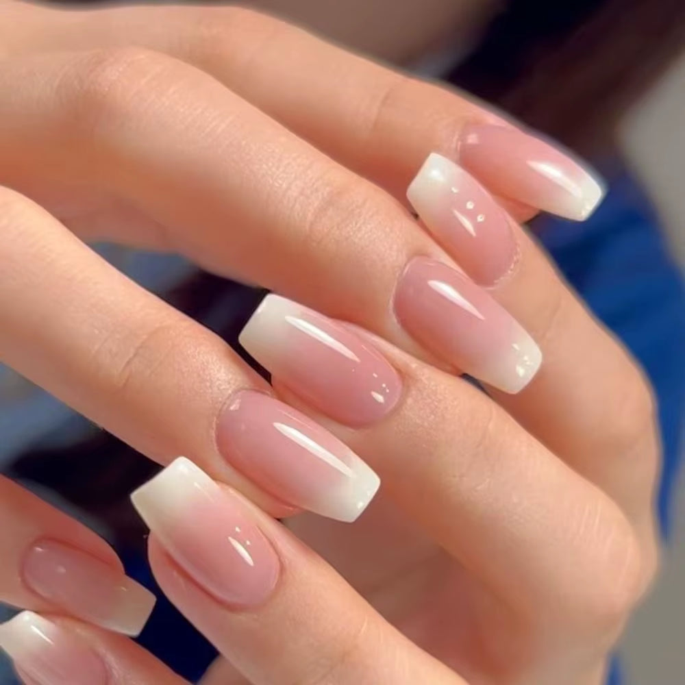 24-Piece Waterproof Gradient French Ballerina Faux Medium Coffin Press-On Nails Set
