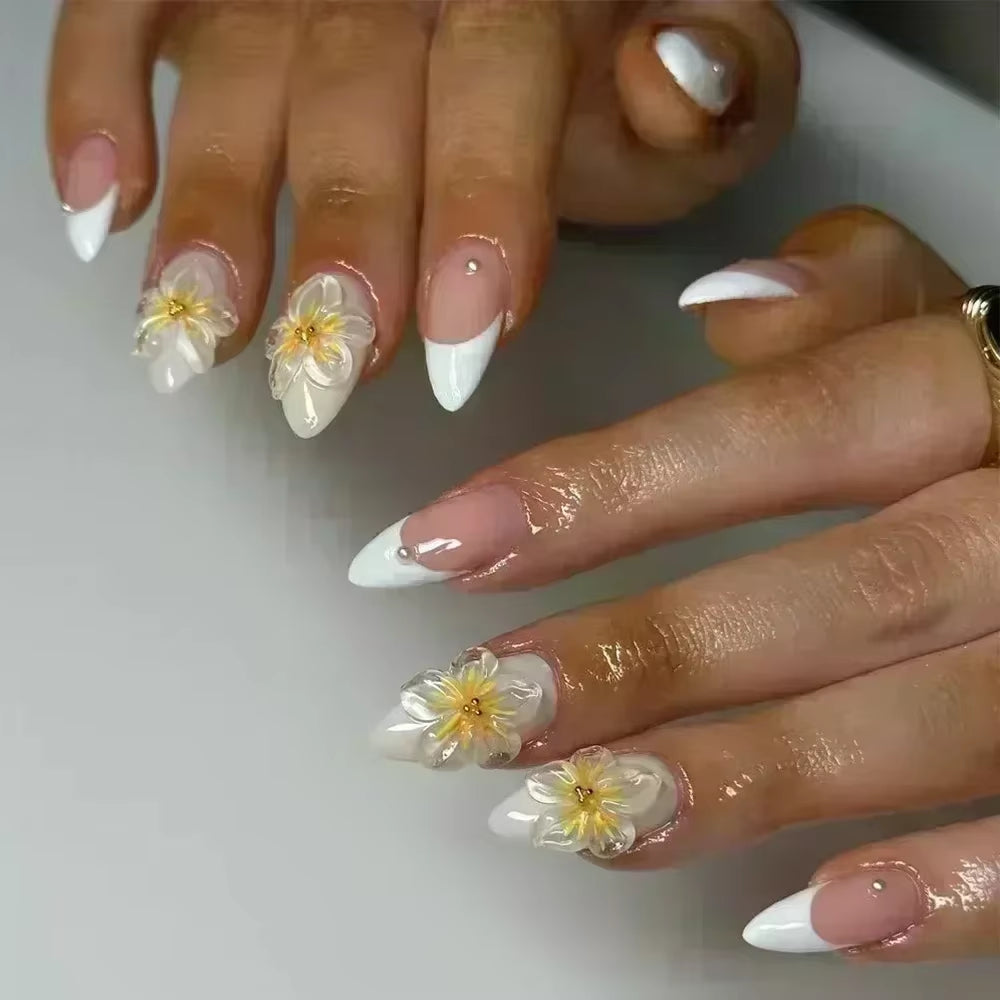 24-Piece Pink Almond Press-On Nails with Floral and Pearl Accents - Colorful Summer Collection for Women