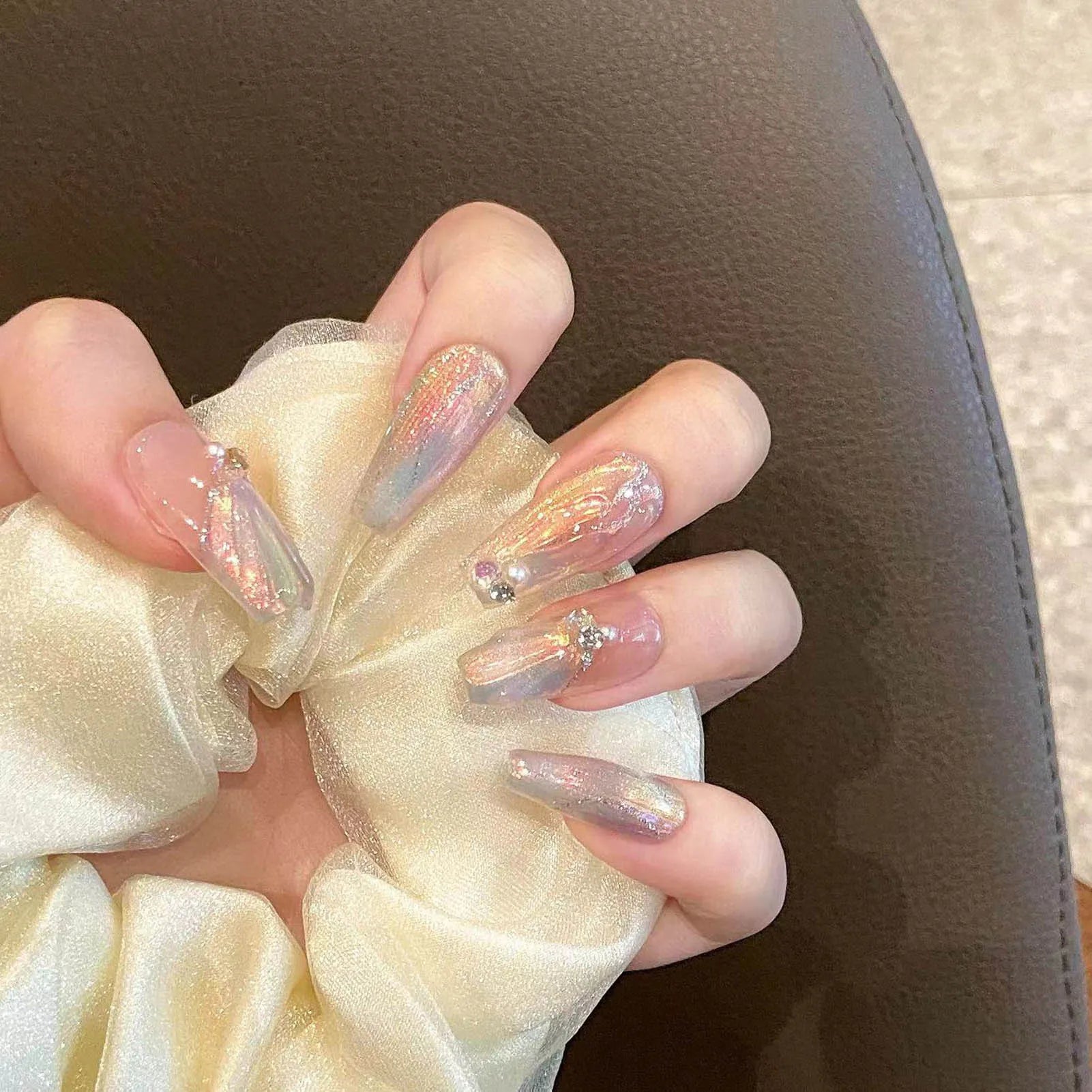 Handcrafted Blue Aurora Mermaid Press-On Nails - Detachable French Pearl Almond Nail Tips, Set of 10