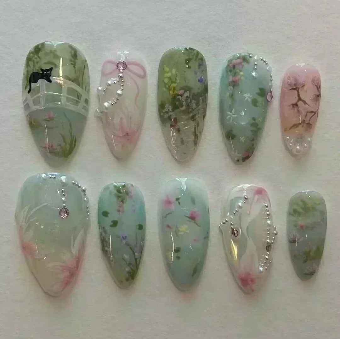 24-Piece Pink Almond Press-On Nails with Floral and Pearl Accents - Colorful Summer Collection for Women
