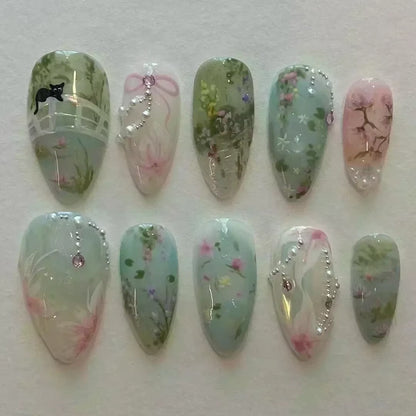 24-Piece Pink Almond Press-On Nails with Floral and Pearl Accents - Colorful Summer Collection for Women
