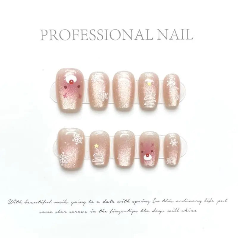 10-Piece Set of Women's Handmade Cat Eye Press-On Nails Featuring Christmas Snowflake and Deer Designs, Short Style, Detachable Nail Patches