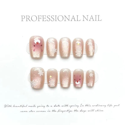 10-Piece Set of Women's Handmade Cat Eye Press-On Nails Featuring Christmas Snowflake and Deer Designs, Short Style, Detachable Nail Patches