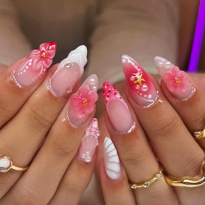 24-Piece Pink Almond Press-On Nails with Floral and Pearl Accents - Colorful Summer Collection for Women