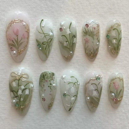 24-Piece Pink Almond Press-On Nails with Floral and Pearl Accents - Colorful Summer Collection for Women