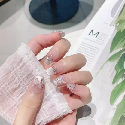 10-Piece Set of Handmade French Ballerina Press-On Nails with Pink Cat Eye Finish - Full Cover Stick-On False Nails