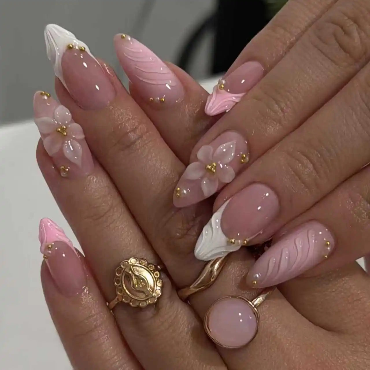 24-Piece Pink Almond Press-On Nails with Floral and Pearl Accents - Colorful Summer Collection for Women