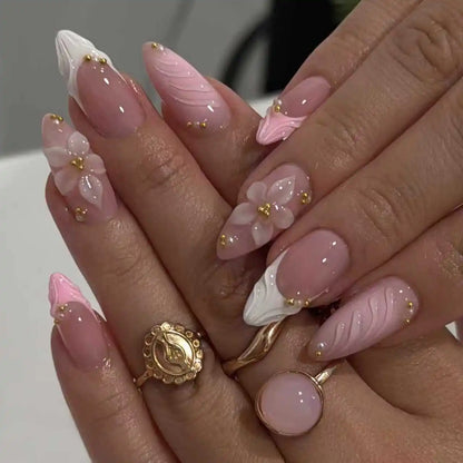 24-Piece Pink Almond Press-On Nails with Floral and Pearl Accents - Colorful Summer Collection for Women