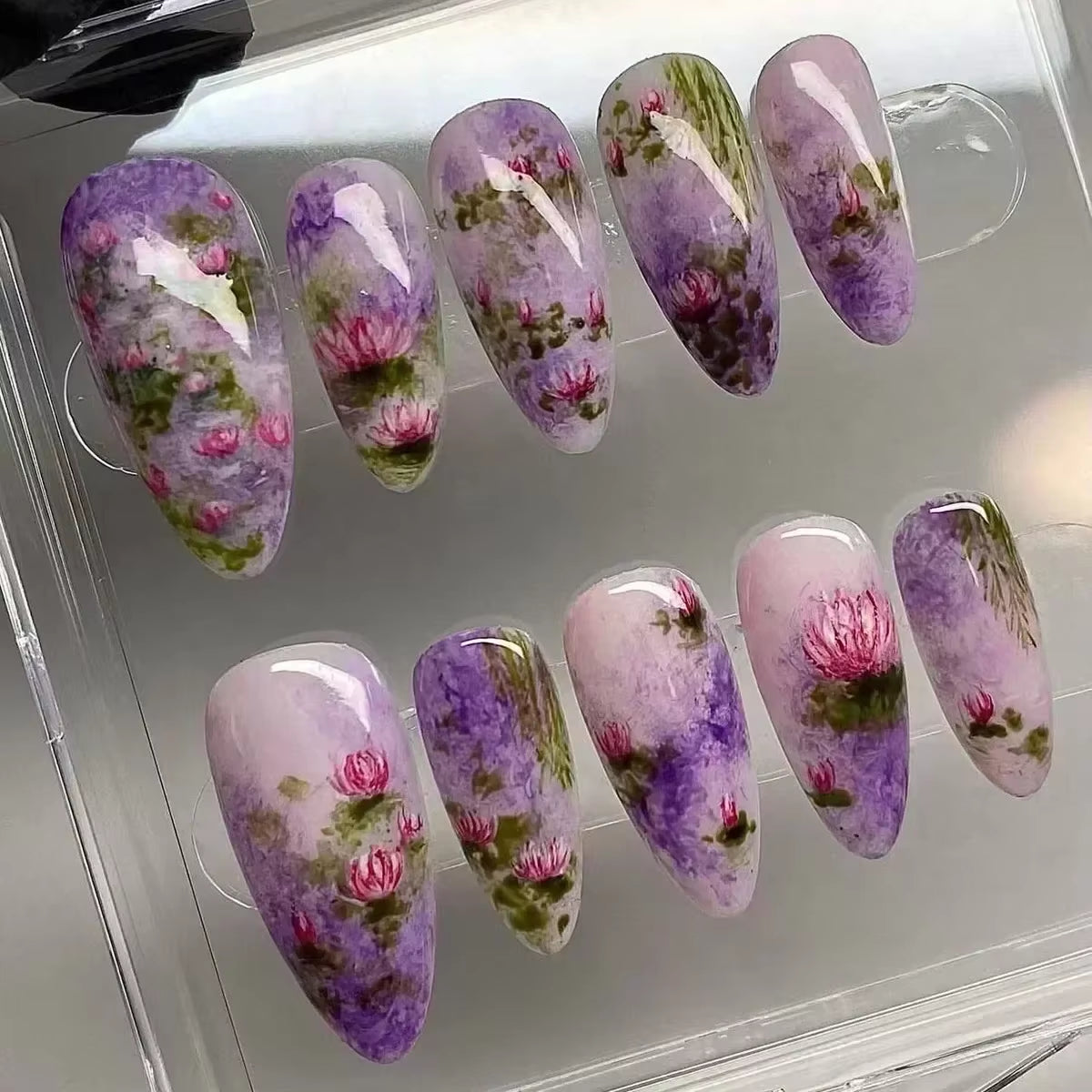 24-Piece Pink Almond Press-On Nails with Floral and Pearl Accents - Colorful Summer Collection for Women