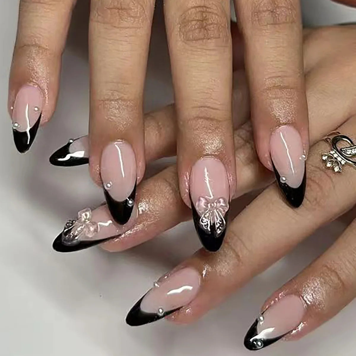 24-Piece Almond-Shaped French Press-On Nails with 3D Irregular Star Pattern – Manicure Essentials