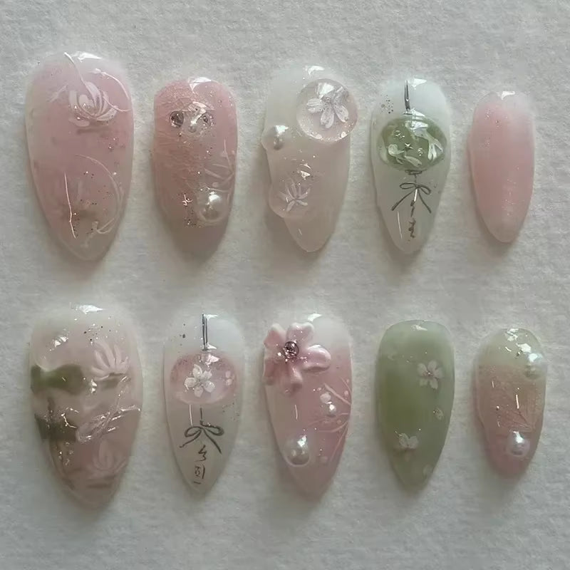 24-Piece Pink Almond Press-On Nails with Floral and Pearl Accents - Colorful Summer Collection for Women