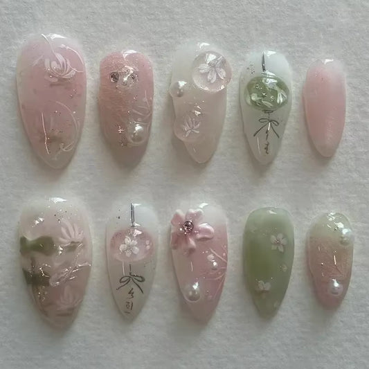 24-Piece Pink Almond Press-On Nails with Floral and Pearl Accents - Colorful Summer Collection for Women