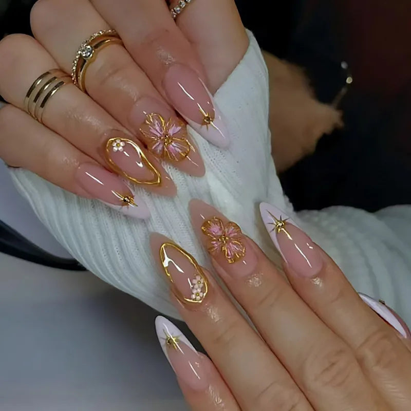 24-Piece Almond-Shaped French Press-On Nails with 3D Irregular Star Pattern – Manicure Essentials
