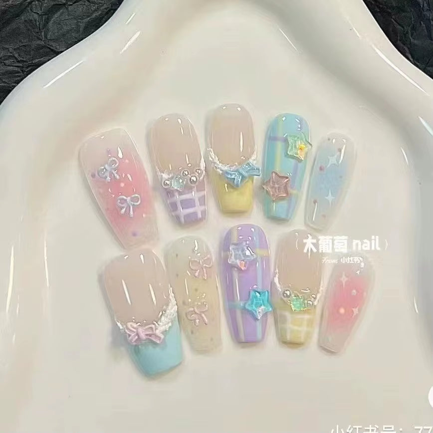 10-Piece Set of Handmade French Ballerina Press-On Nails with Pink Cat Eye Finish - Full Cover Stick-On False Nails