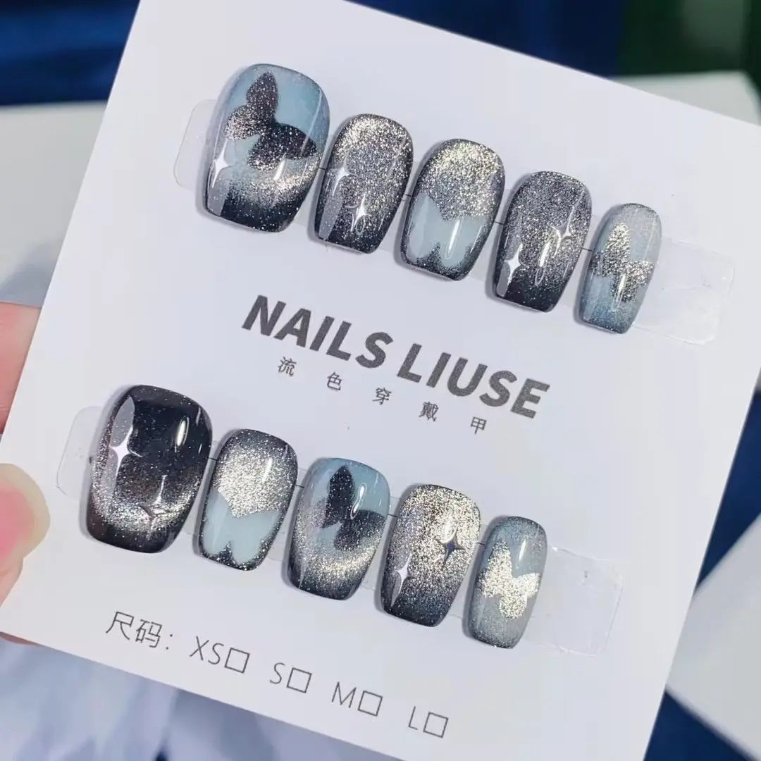 High-End Handmade Cat Eye Press-On Nails Set for Women - 10 Pieces, Short Style with Nail Art Stickers