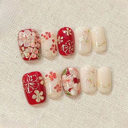 10-Piece Set of Handmade Short Square Full Cover Press-On Nails with Floral Cat Eye Design - Elegant and Wearable Manicure Tips