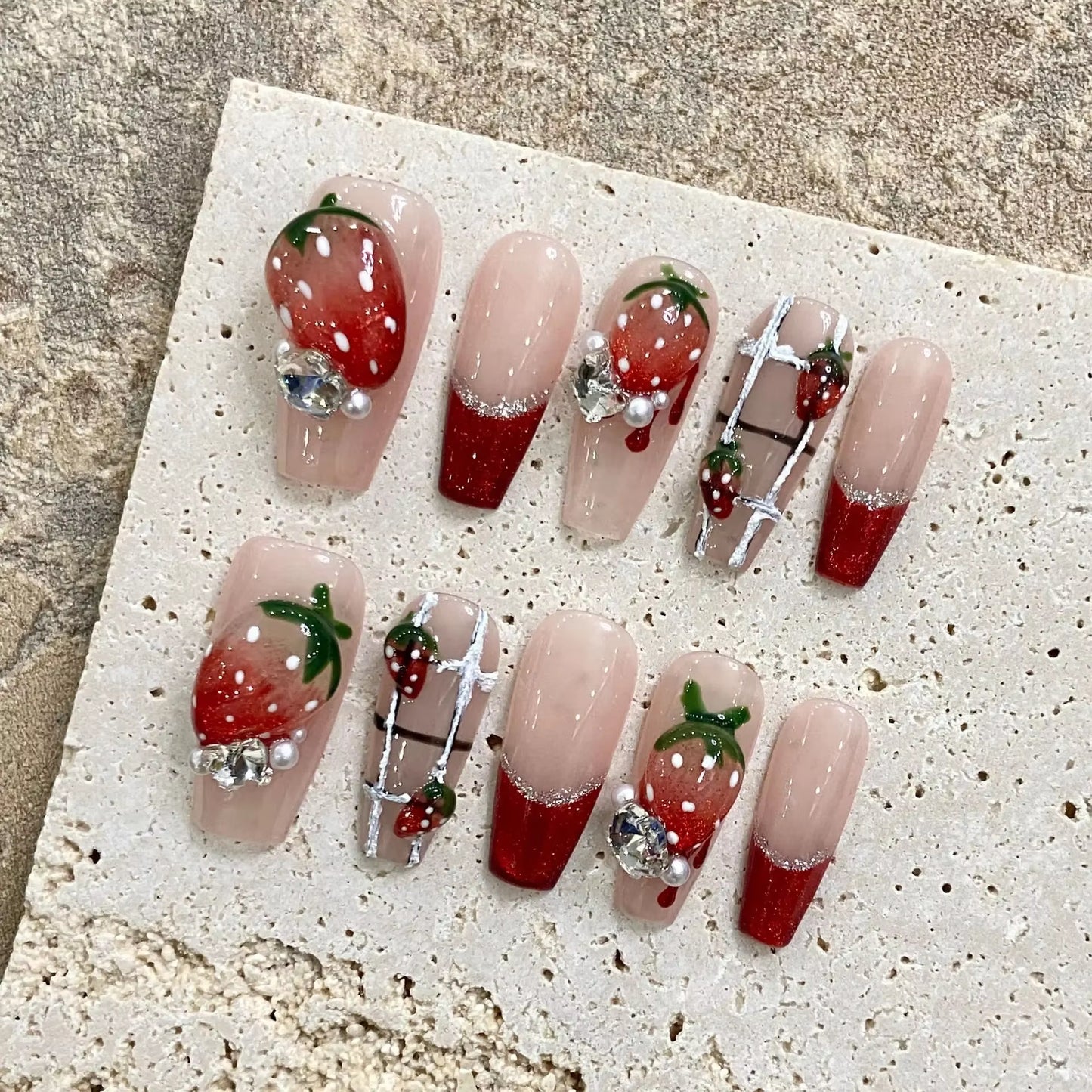 10-Piece Set of Handmade French Ballerina Press-On Nails with Pink Cat Eye Finish - Full Cover Stick-On False Nails