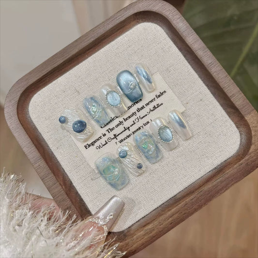 10-Piece Handmade Cat Eye Press-On Nails - French Coffin Acrylic Design with Dreamy Mermaid Pearl Finish - Romantic Sweet Nail Art