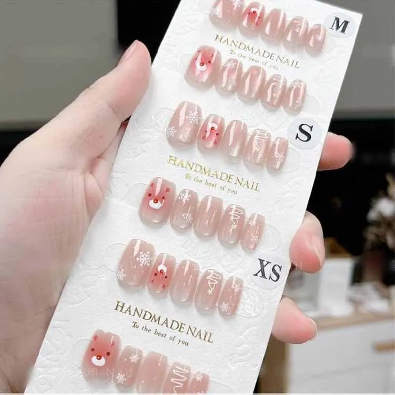 10-Piece Set of Women's Handmade Cat Eye Press-On Nails Featuring Christmas Snowflake and Deer Designs, Short Style, Detachable Nail Patches