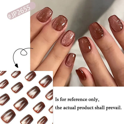 Blue Gradient Cat Eye Press-On Nails with Glitter Finish - Detachable Solid Color Fashionable False Nails with Adhesive