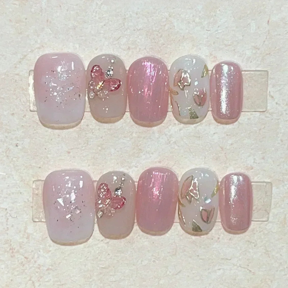 10-Piece Set of Handmade Short Square Full Cover Press-On Nails with Floral Cat Eye Design - Elegant and Wearable Manicure Tips