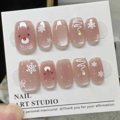 10-Piece Set of Women's Handmade Cat Eye Press-On Nails Featuring Christmas Snowflake and Deer Designs, Short Style, Detachable Nail Patches